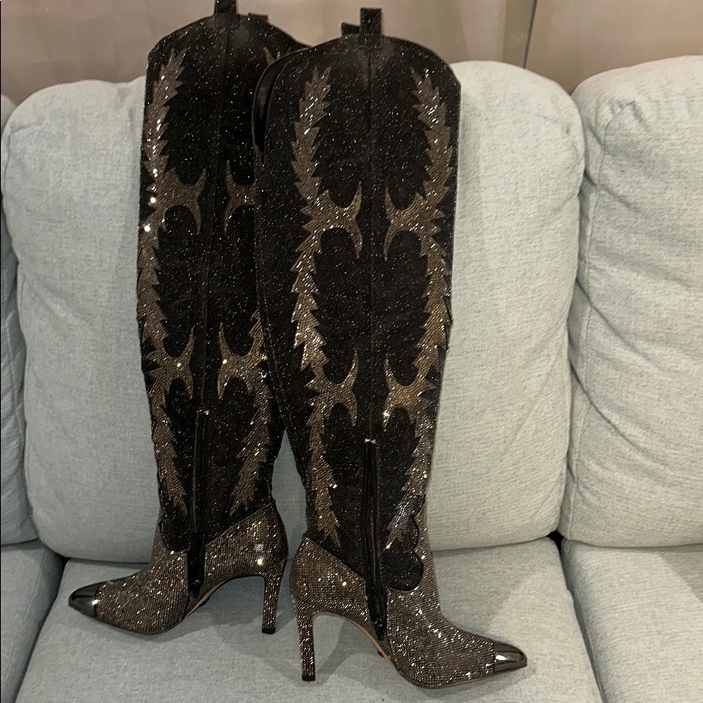 Gianni Bini Black and Silver Heeled Boots with Stiletto Elegance - Picture 3 of 6